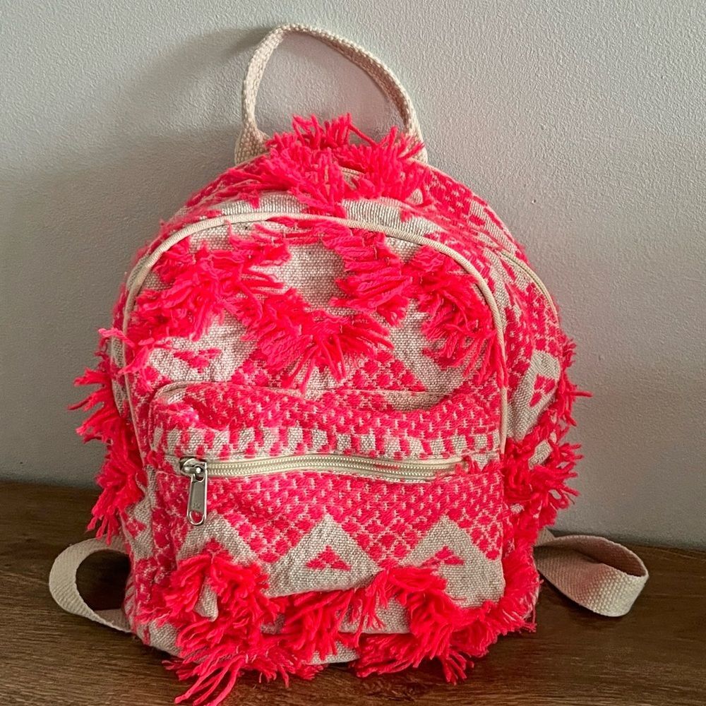 Neon Pink Woven Mini Backpack Boho Tassel Fringe Festival Bag